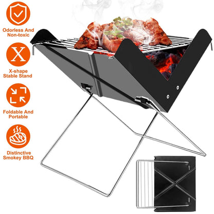 Foldable charcoal BBQ grill with X-shaped stable stand, steel grate, and folded storage base.