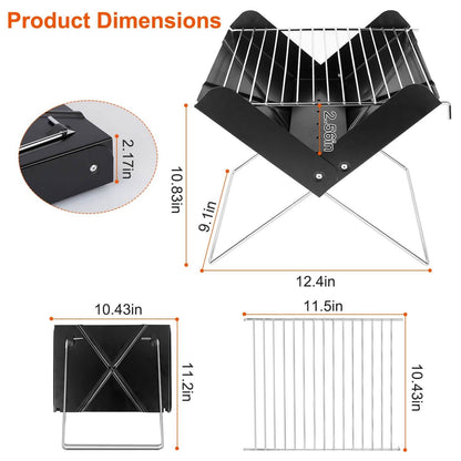 Foldable charcoal BBQ grill with steel cooking grate and X-shaped stand, product dimensions diagram.