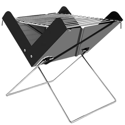 Foldable charcoal BBQ grill with black side panels and steel cooking grate on X-shaped stand.