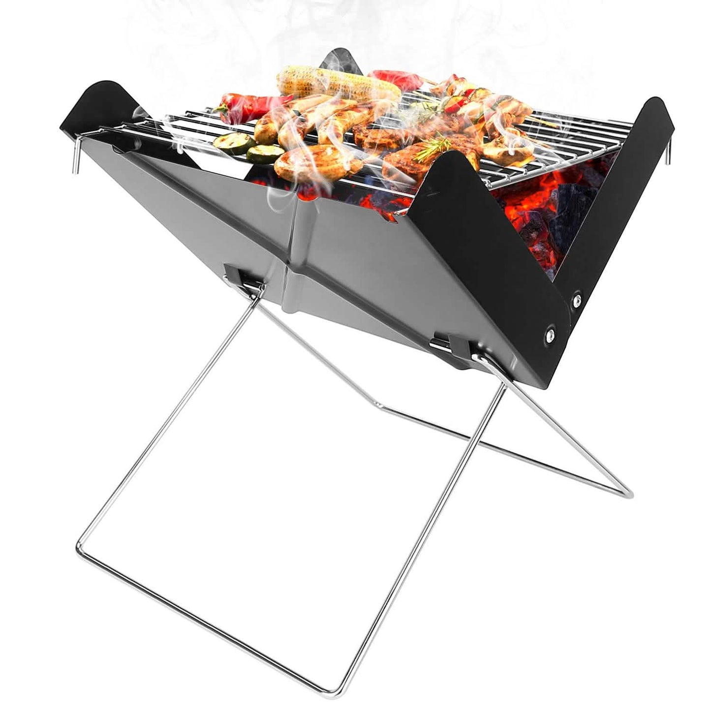Foldable charcoal BBQ grill with food on steel grate, black hood and X-shaped support stand.