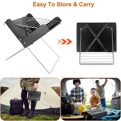 Foldable charcoal BBQ grill shown open and folded, with black metal frame and steel grate.