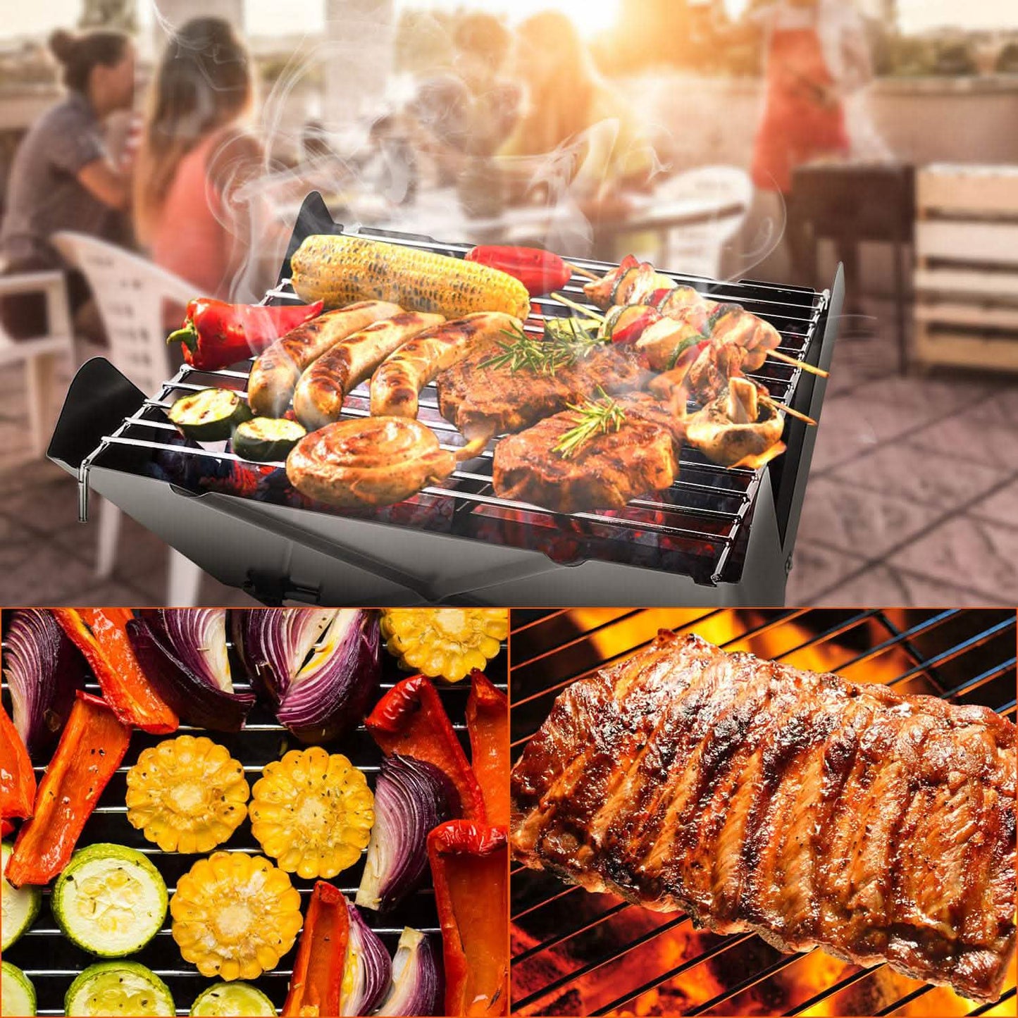 Charcoal BBQ grill with steel grate holding grilled meat and vegetables, visible smoke.