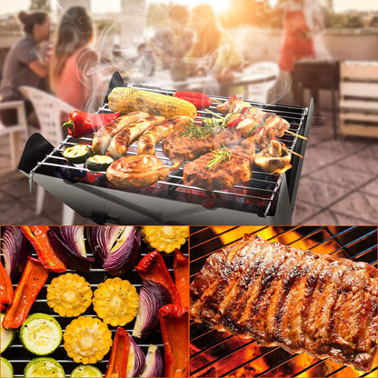 Charcoal BBQ grill with steel grate holding grilled meat and vegetables, visible smoke.
