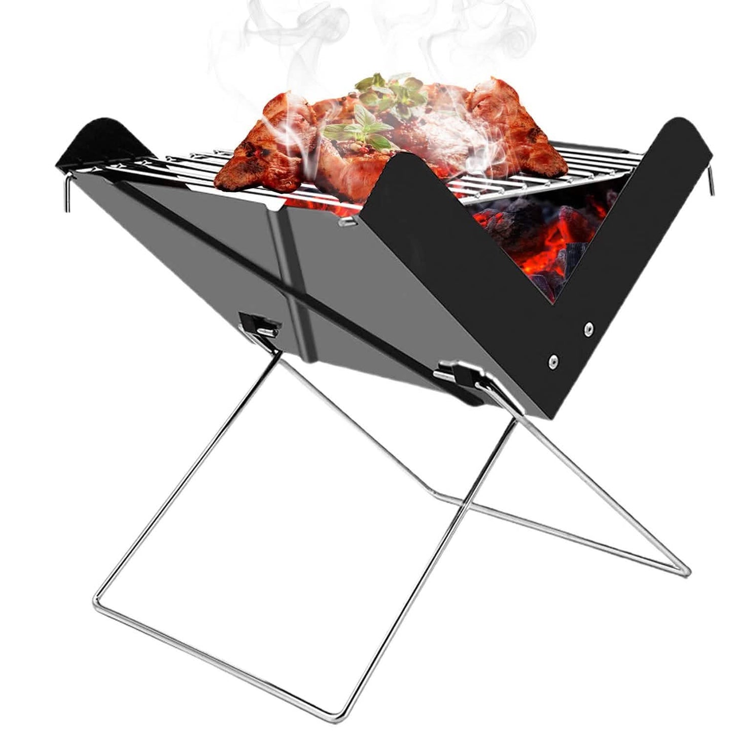 Foldable charcoal BBQ grill with X-shaped stand, black hood and steel cooking grate, food cooking.