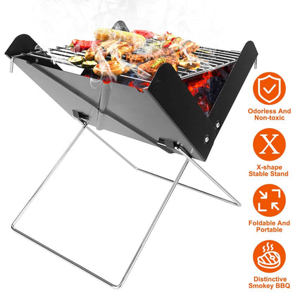 Foldable charcoal BBQ grill with food on steel grate and black side panels, X-shaped stand.