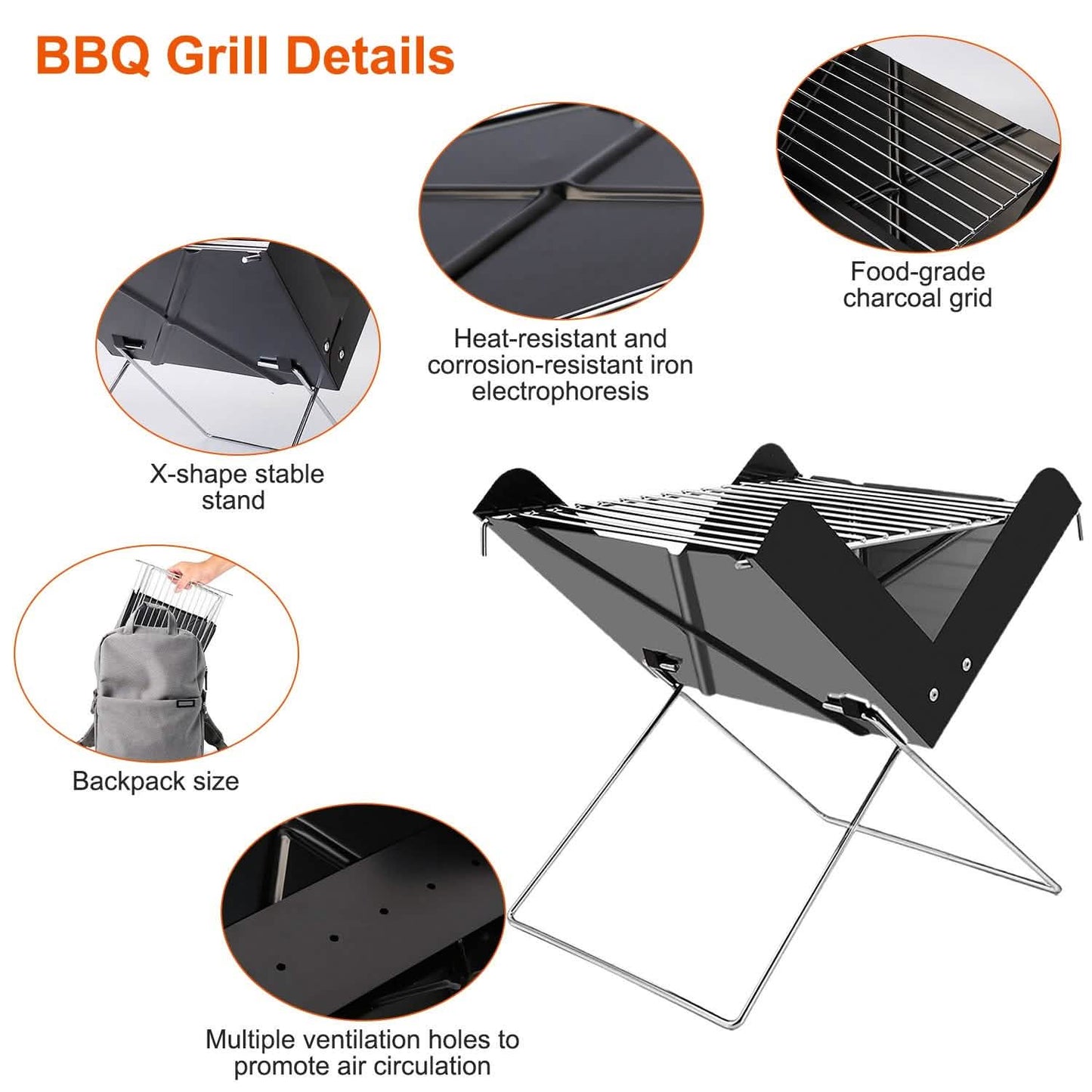 Foldable charcoal BBQ grill details: black iron body, steel grate, and ventilation holes on stand.