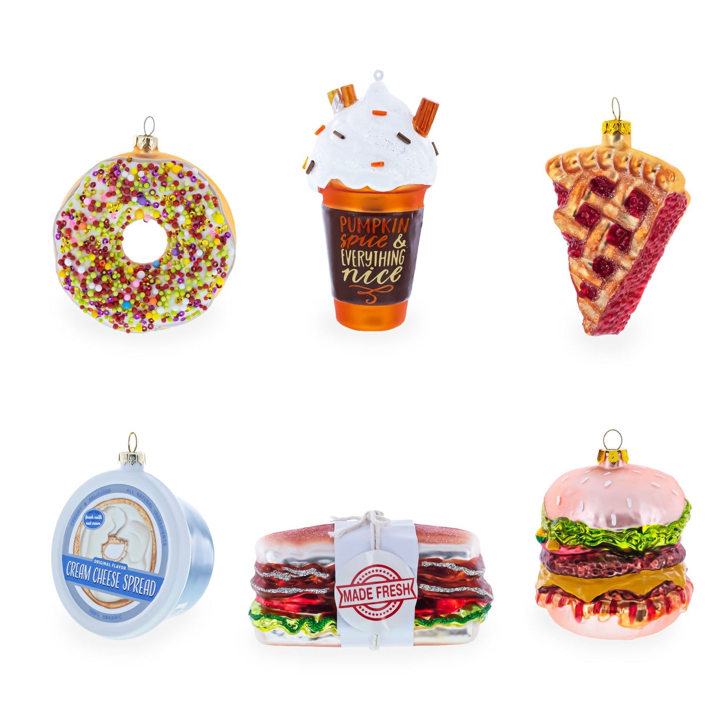Assorted Christmas ornaments: donut, pumpkin cup, pie slice, spread, sandwich, burger
