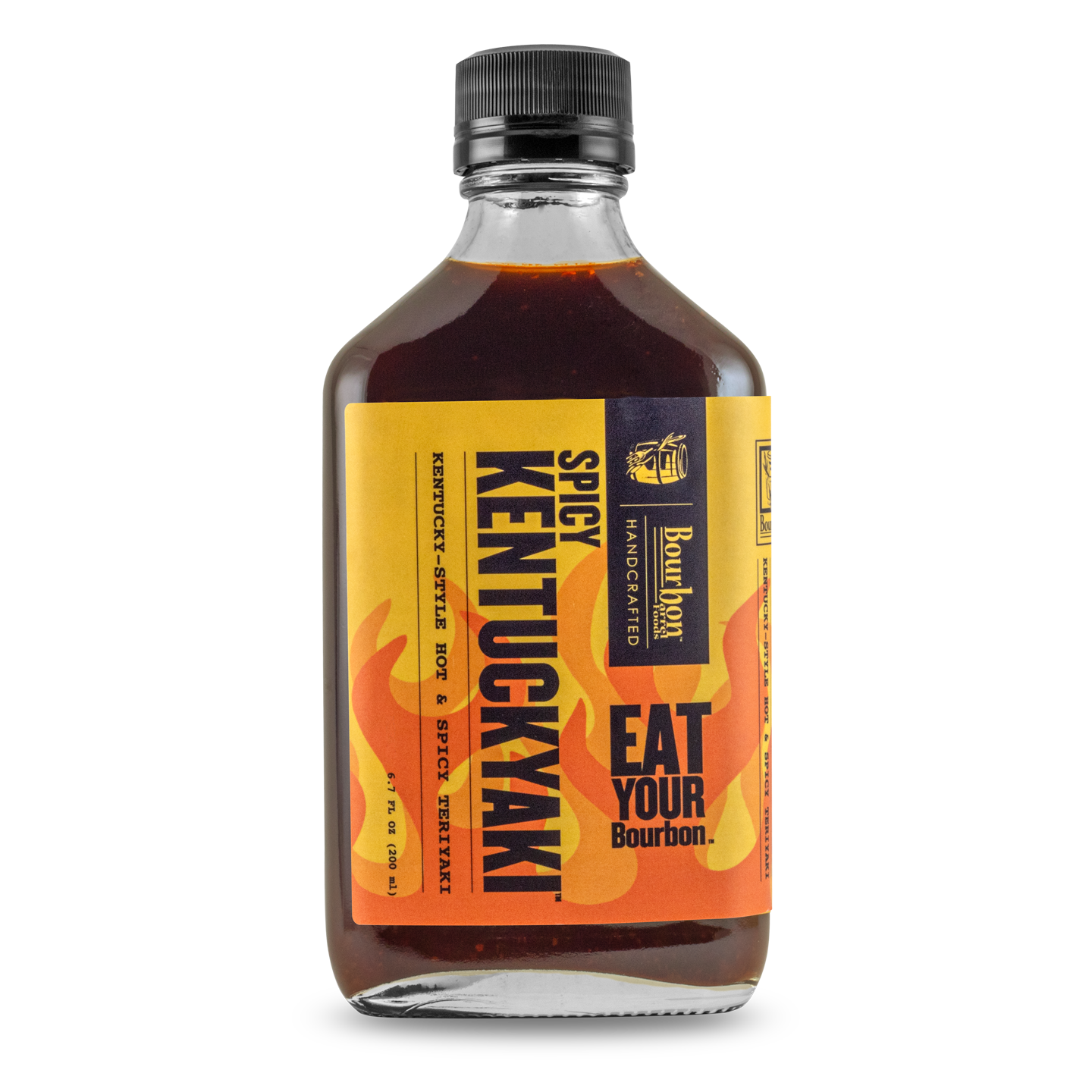 Hot & spicy Kentuckyaki sauce bottle with black cap, amber-brown liquid, front label