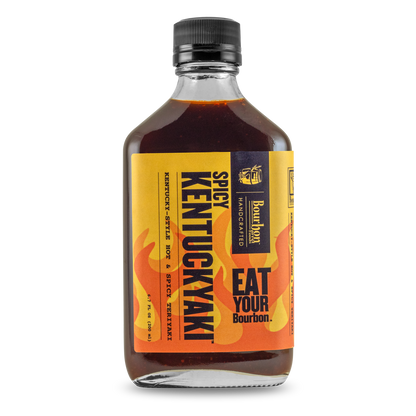 Hot & spicy Kentuckyaki sauce bottle with black cap, amber-brown liquid, front label