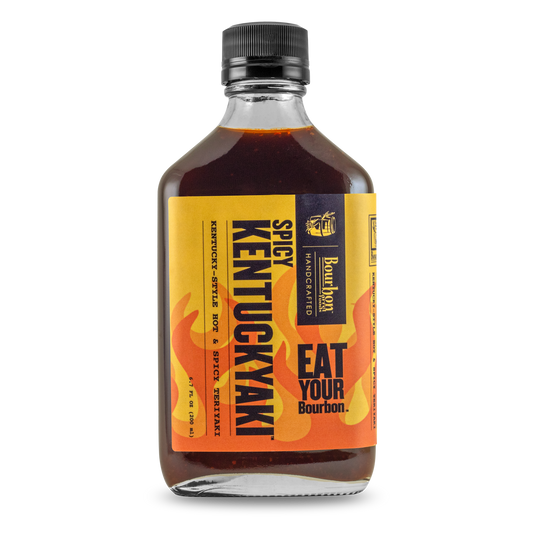 Hot & spicy Kentuckyaki sauce bottle with black cap, amber-brown liquid, front label
