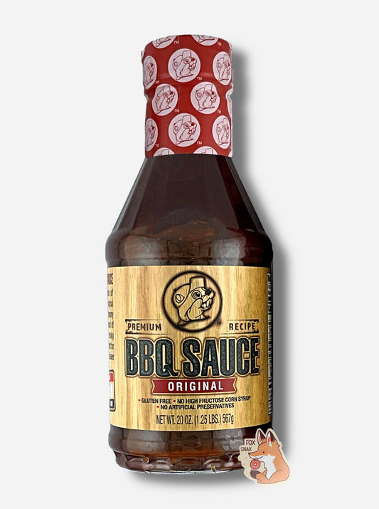 Original BBQ sauce bottle with gold label reading BBQ SAUCE and ORIGINAL