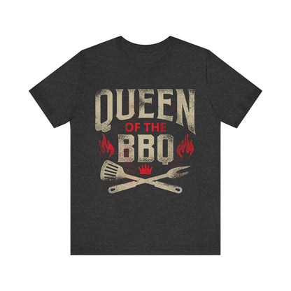 Dark grey heather T-shirt with "Queen of the BBQ" slogan and grill tool graphic