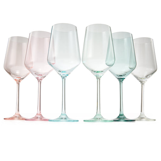 Set of 6 stemmed wine glasses, pastel pink, clear, and aqua-green tones