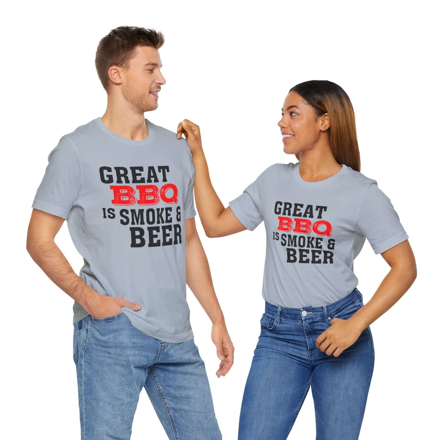 Light blue T-shirt with 'Great BBQ is smoke & beer' front graphic, crew neck