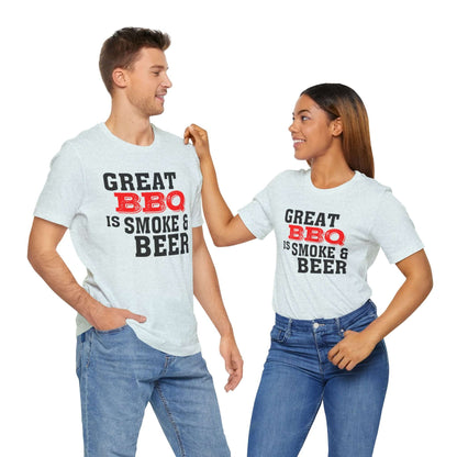 Heather ice blue T-shirt with 'Great BBQ is smoke & beer' front graphic, crew neck