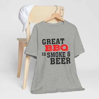 Heather grey T-shirt with 'Great BBQ is smoke & beer' front graphic, short sleeves