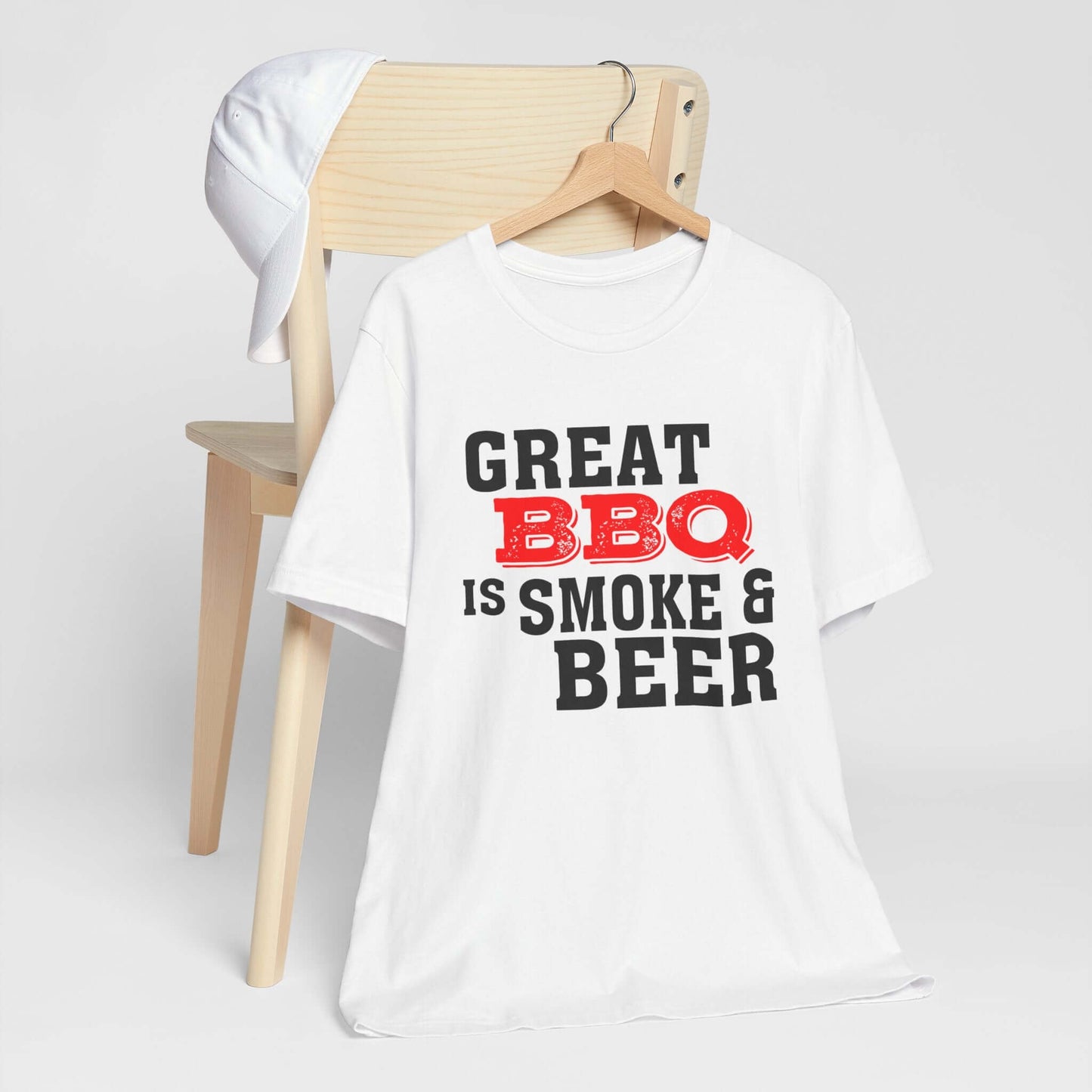 White T-shirt with 'Great BBQ is smoke & beer' front graphic, short sleeves