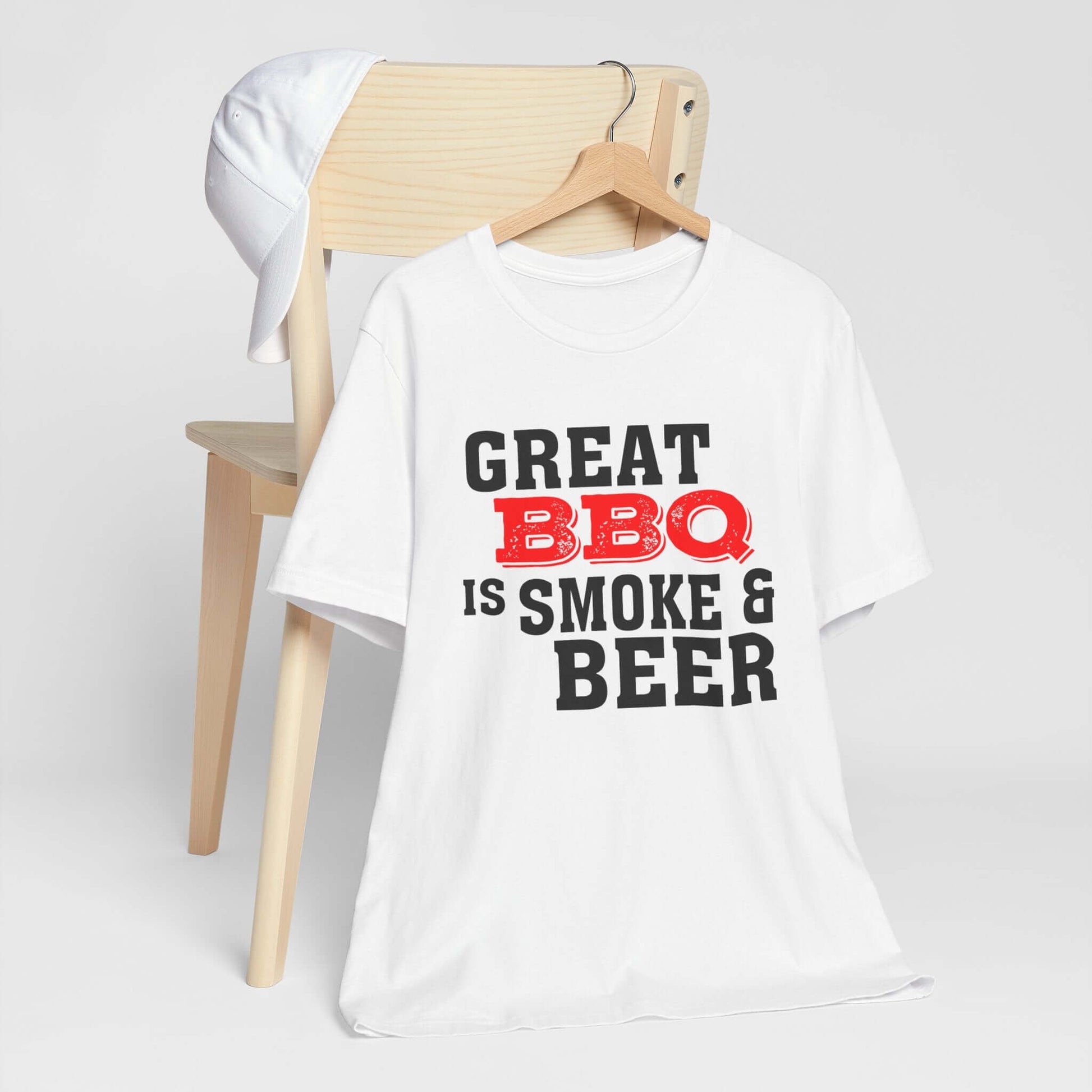 White T-shirt with 'Great BBQ is smoke & beer' front graphic, short sleeves