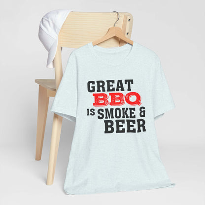 Heather ice blue T-shirt with 'Great BBQ is smoke & beer' front graphic, short sleeves