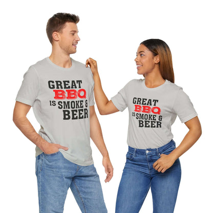 Silver grey T-shirt with 'Great BBQ is smoke & beer' front graphic, crew neck