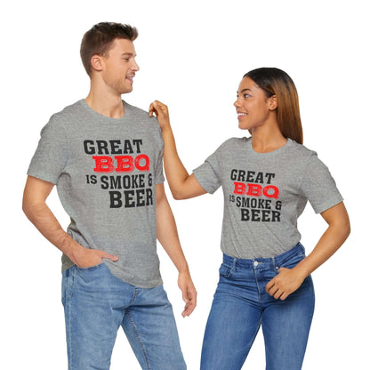 Heather grey T-shirt with 'Great BBQ is smoke & beer' front graphic, crew neck