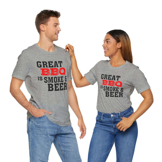 Heather grey T-shirt with 'Great BBQ is smoke & beer' front graphic, crew neck