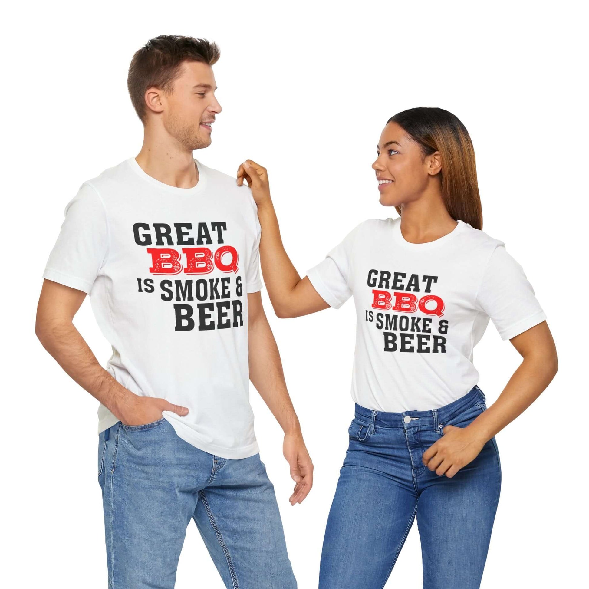 White T-shirt with 'Great BBQ is smoke & beer' front graphic, crew neck