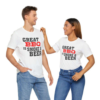 White T-shirt with 'Great BBQ is smoke & beer' front graphic, crew neck