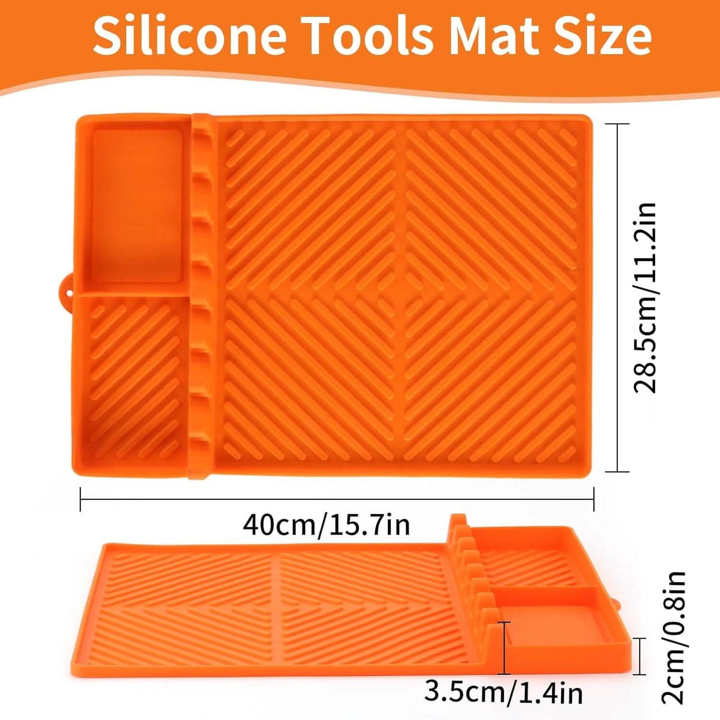 Orange silicone tools mat dimensions: 40cm x 28.5cm, 3.5cm profile height