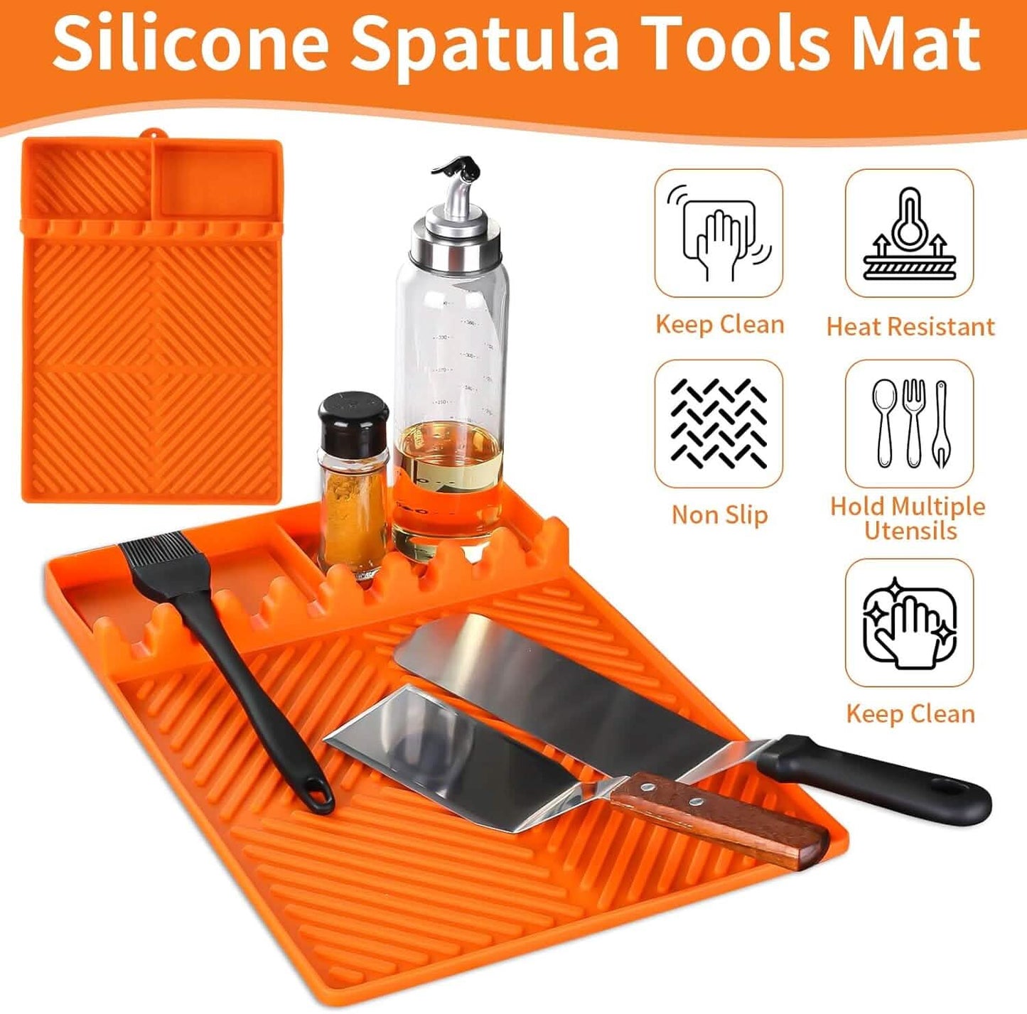 Orange silicone spatula tools mat with ribbed drainage surface and molded compartments