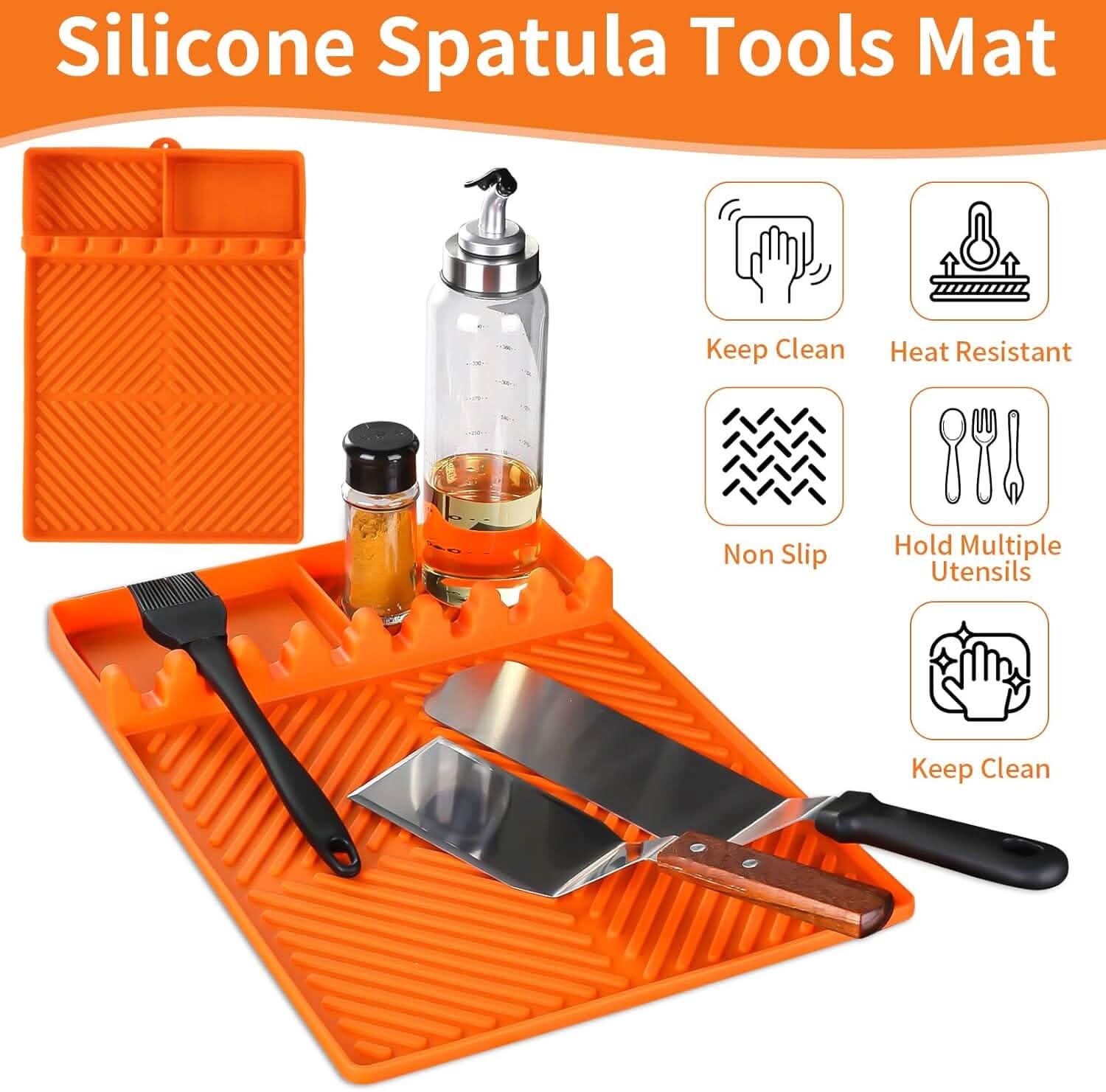 Orange silicone spatula tools mat with ribbed drainage surface and molded compartments