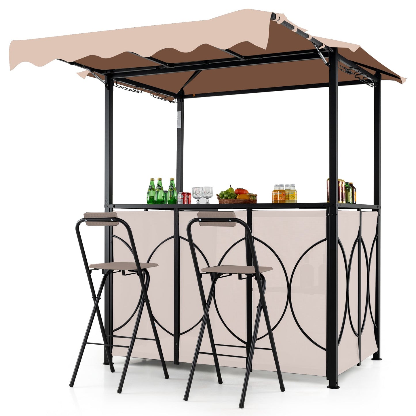 3-Piece Grill Gazebo with Side Awning – Double-Tier BBQ Canopy with Bar Table & 2 Folding Chairs
