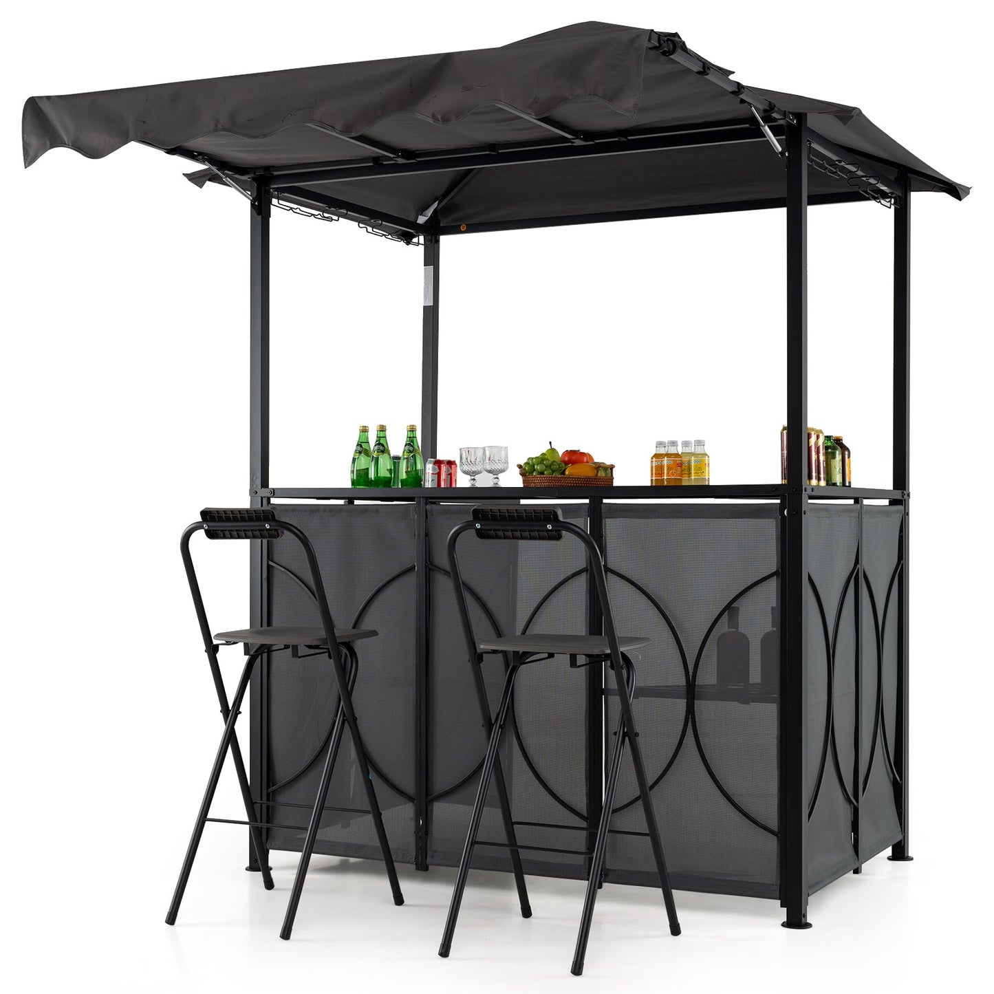 3-Piece Grill Gazebo with Side Awning – Double-Tier BBQ Canopy with Bar Table & 2 Folding Chairs