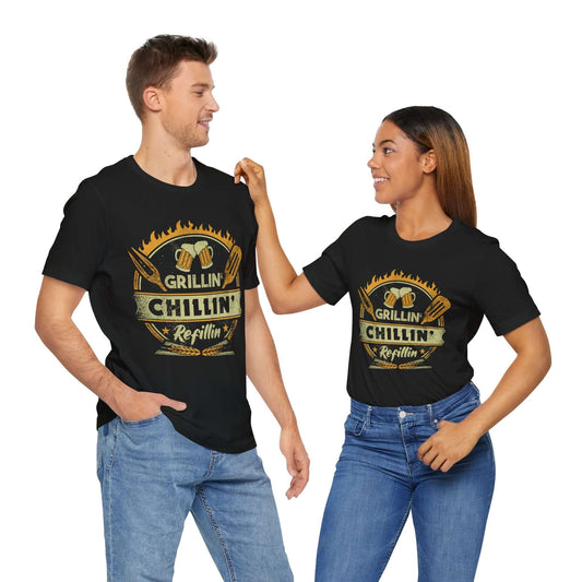 Black graphic BBQ T-shirt with grill and chillin’ refillin’ emblem