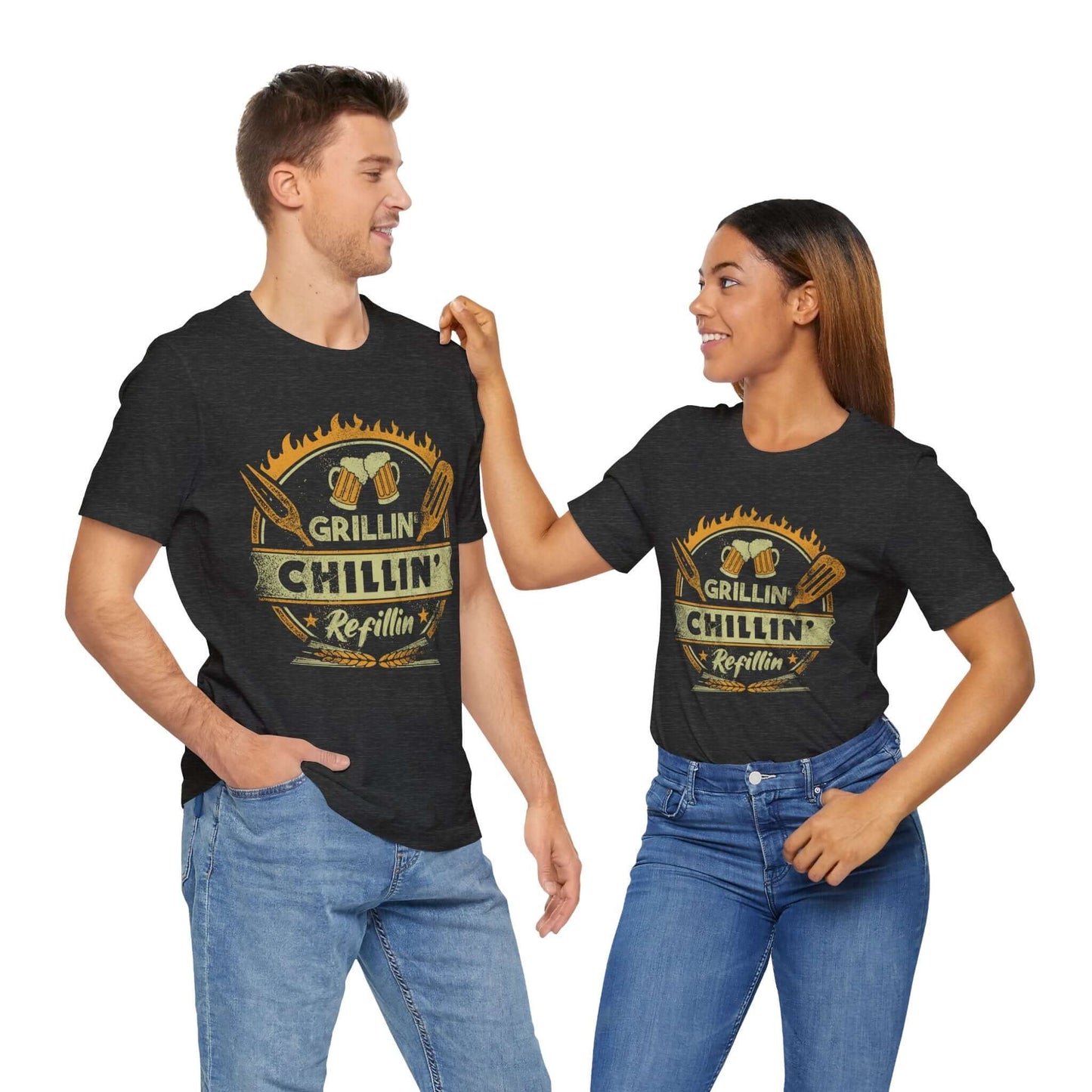 Dark grey heather graphic BBQ T-shirt with grill and chillin’ refillin’ emblem