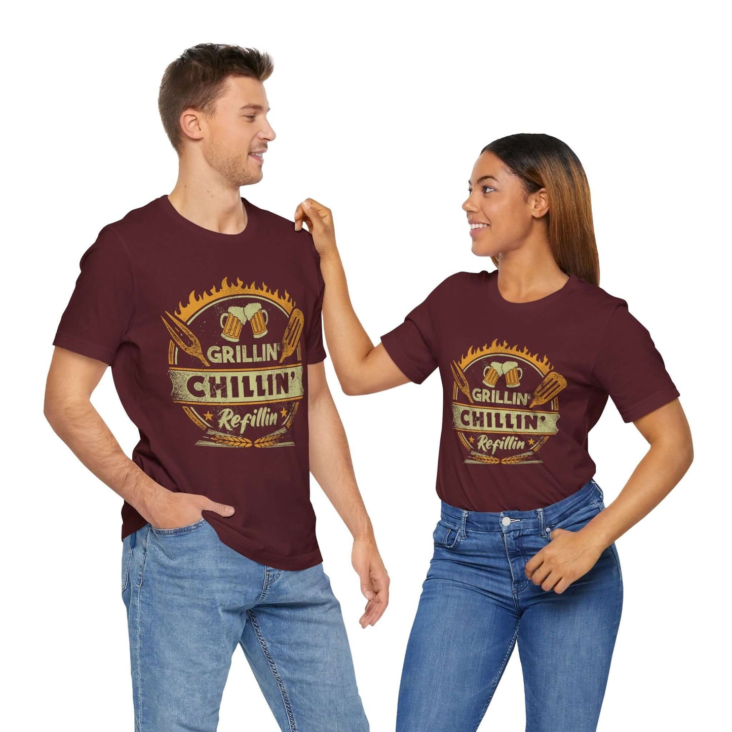 Maroon graphic BBQ T-shirt with grill and chillin’ refillin’ emblem