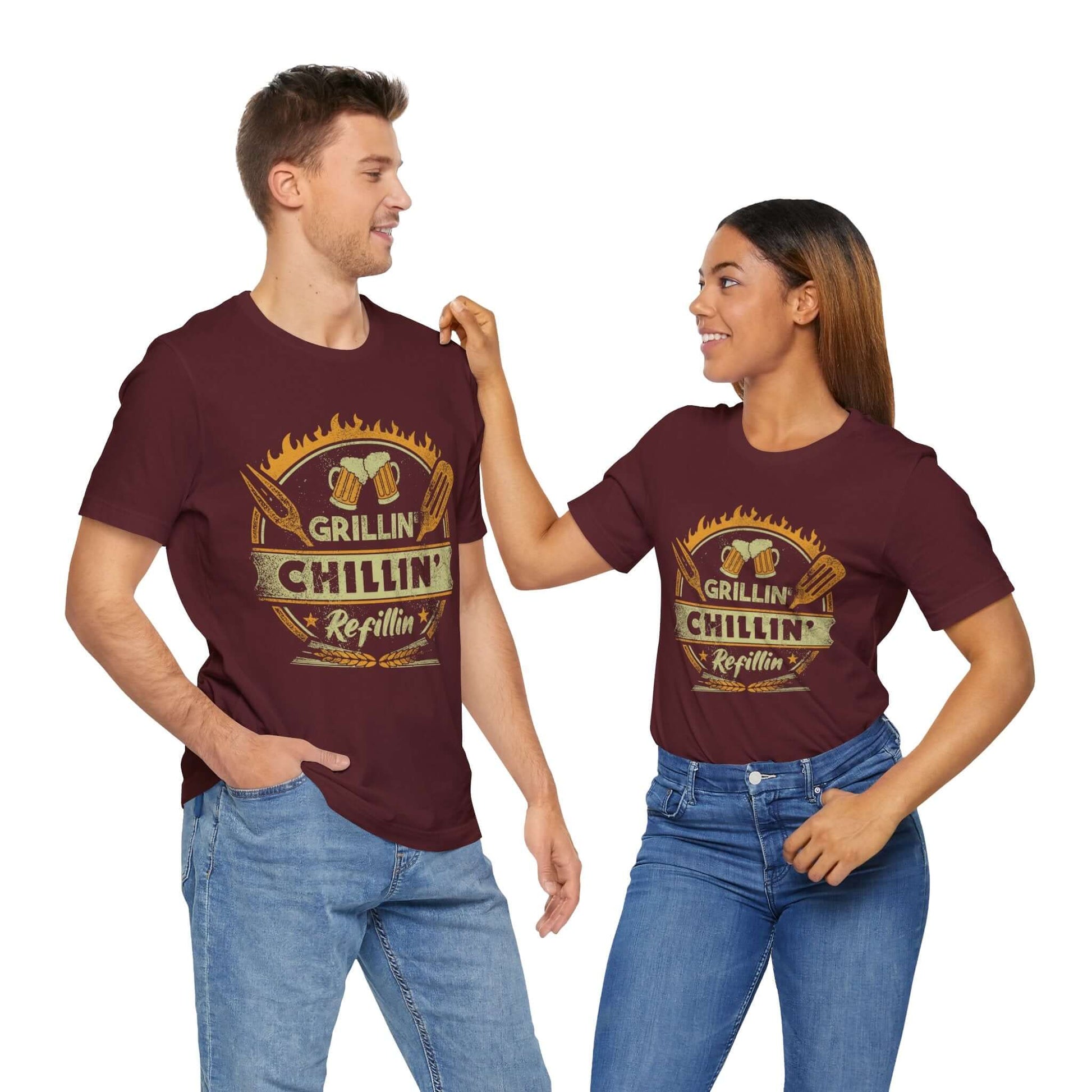 Maroon graphic BBQ T-shirt with grill and chillin’ refillin’ emblem