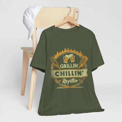 Green BBQ T-shirt with grill-themed “GRILLIN’ CHILLIN’ Refillin’” graphic