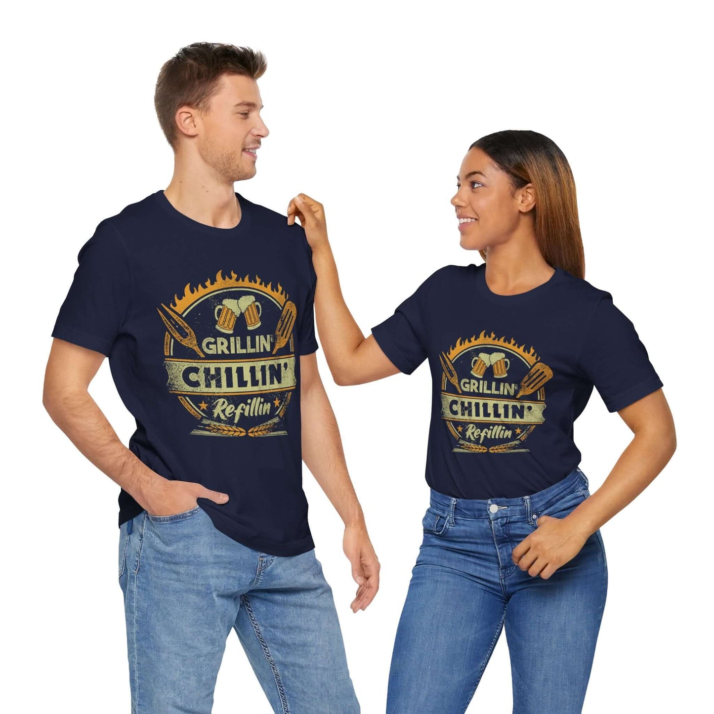 Navy graphic BBQ T-shirt with grill and chillin’ refillin’ emblem