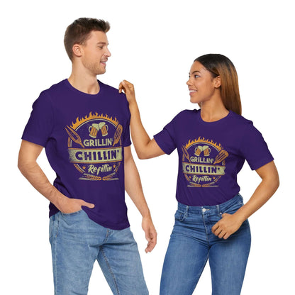 Team purple graphic BBQ T-shirt with grill and chillin’ refillin’ emblem