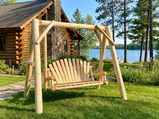 Handcrafted patio wooden swing with slatted seat and sturdy A-frame supports