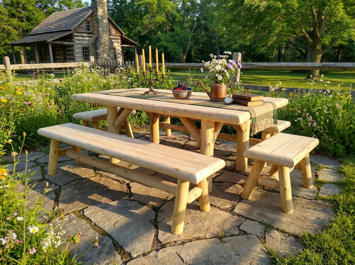 Rustic cedar picnic table with two benches, light wood slatted seats and tabletop