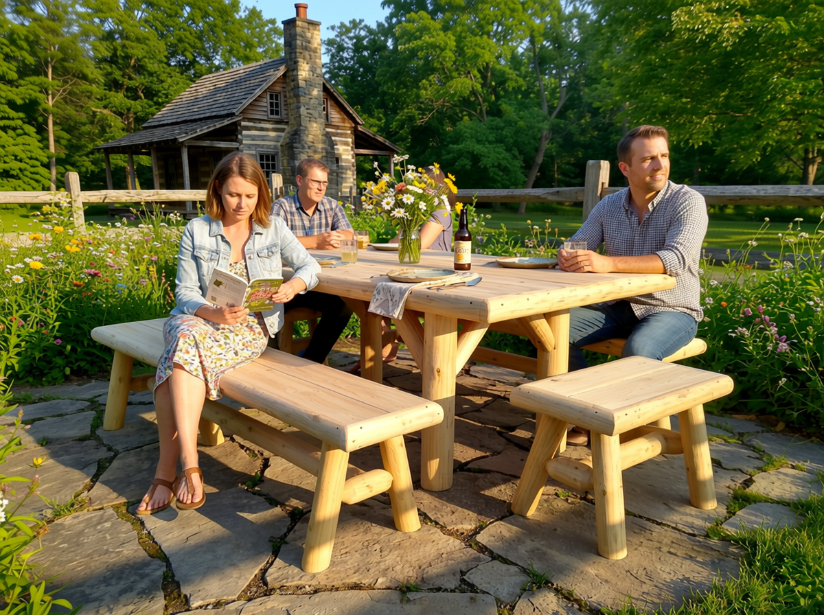 Outdoor cedar picnic table with two matching benches, light wood slats and tabletop