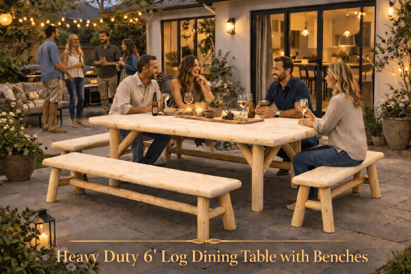 Rustic cedar log dining table set with bench seating, light wood finish
