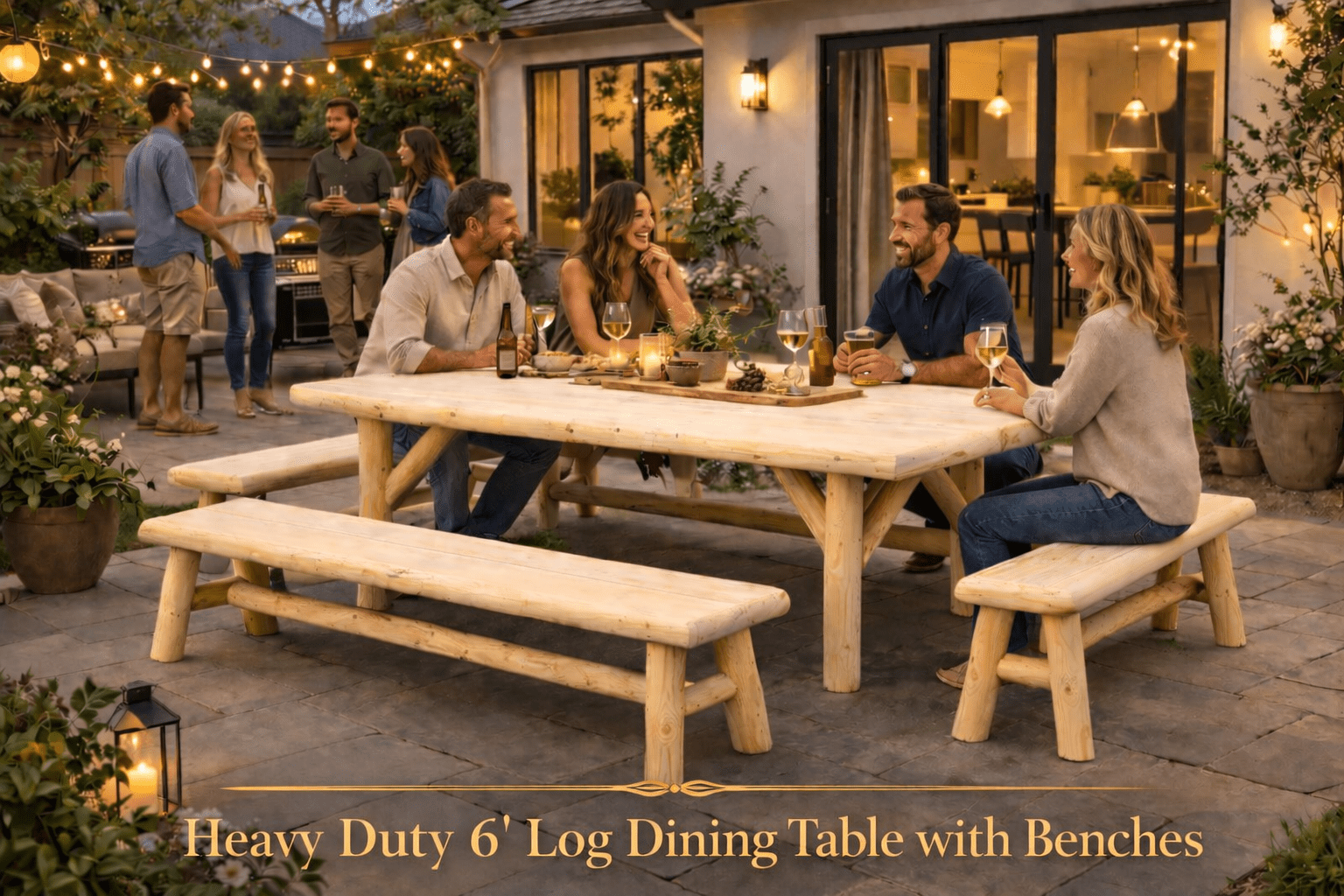 Rustic cedar log dining table set with bench seating, light wood finish