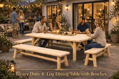 Rustic cedar log dining table set with bench seating, light wood finish