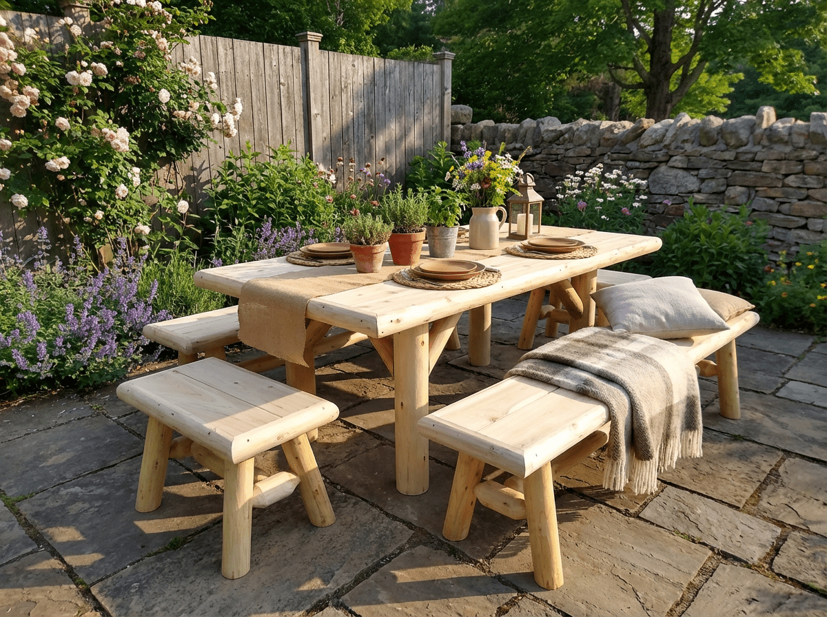 Rustic cedar log picnic table with two benches, light wood finish, outdoor seating set