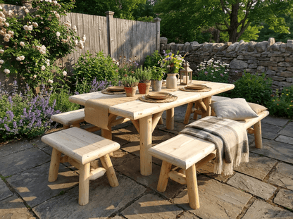 Rustic cedar log picnic table with two benches, light wood finish, outdoor seating set