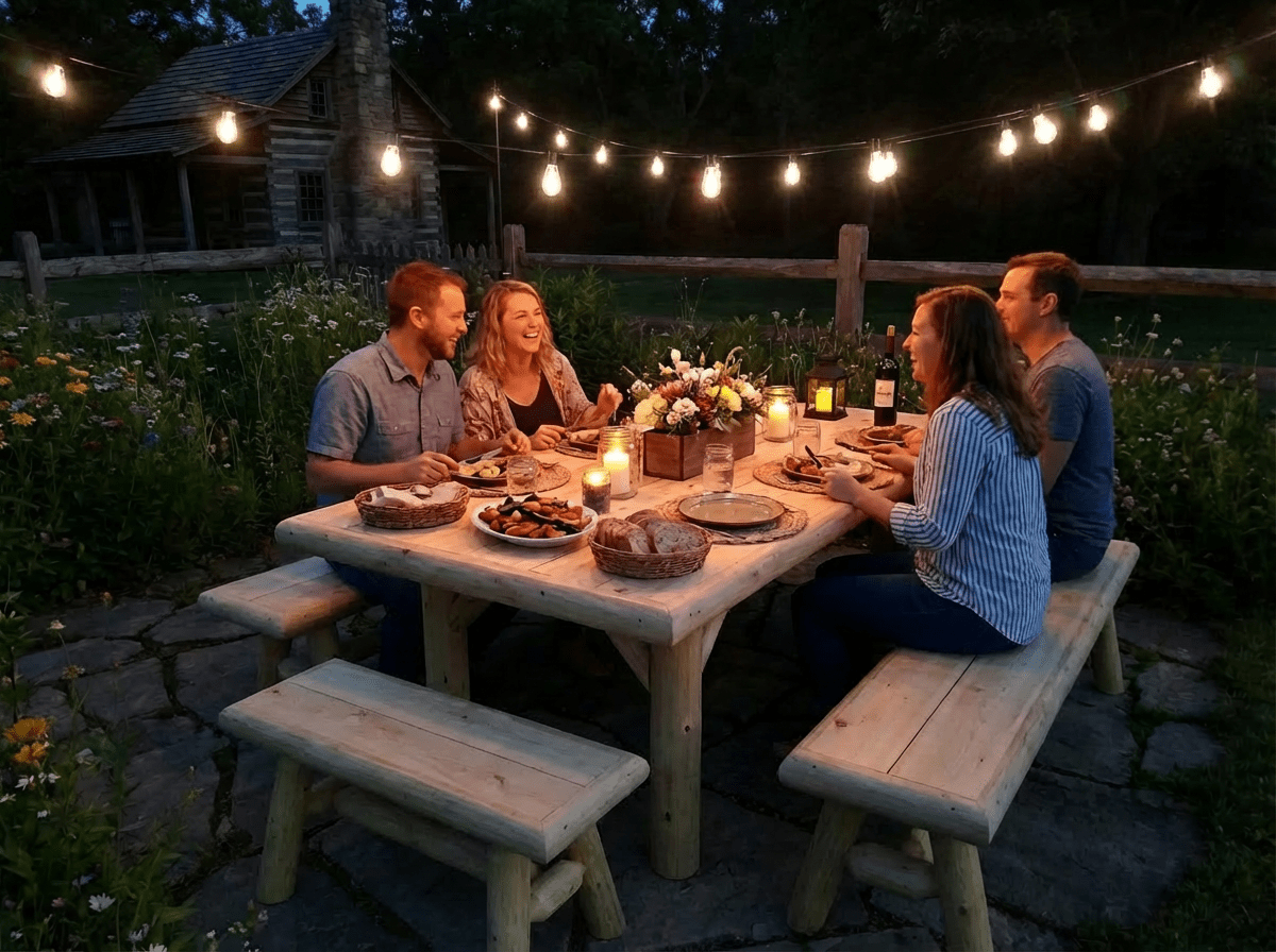 Outdoor picnic table and benches with rustic light-wood slats