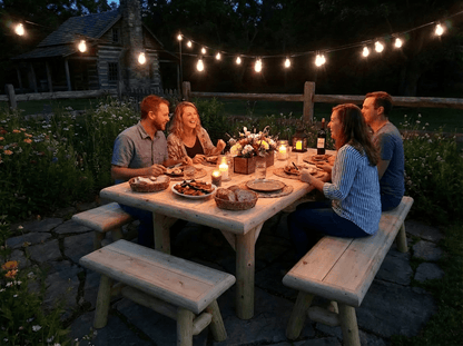 Outdoor picnic table and benches with rustic light-wood slats